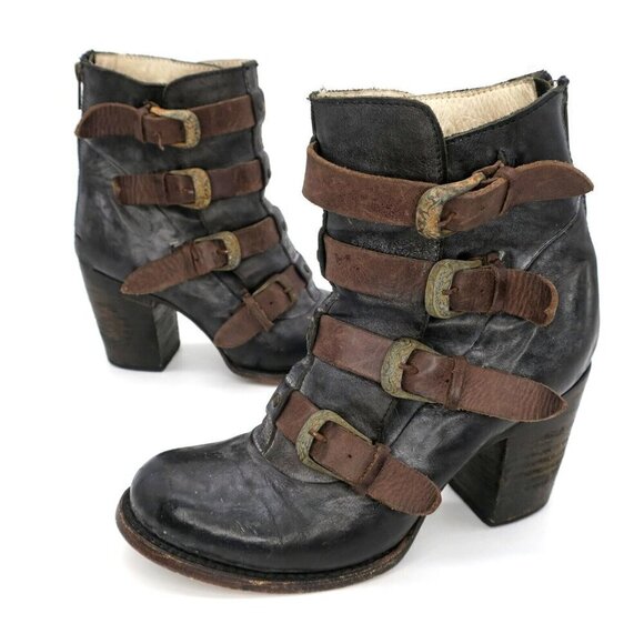 Freebird by Steven Bates Leather Booties Ankle Boots Distressed Buckles 8M - Picture 1 of 9